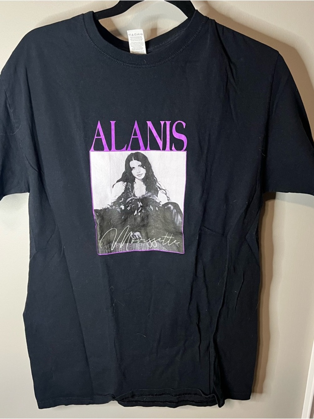 Fruit of the Loom Black Graphic Tee with Purple and White Alanis Print